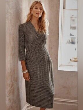 NEW J Jill Wearever Side Pleated Ruched Midi Dress Black Geometric Size L Tall